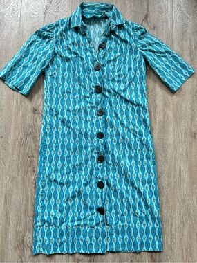 Vtg Handmade Turquoise Floral Patterned Button-Front Women's Dress